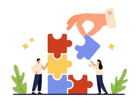 Partnership, idea to work problem solving, big fingers of hand holding puzzle Stock Illustration