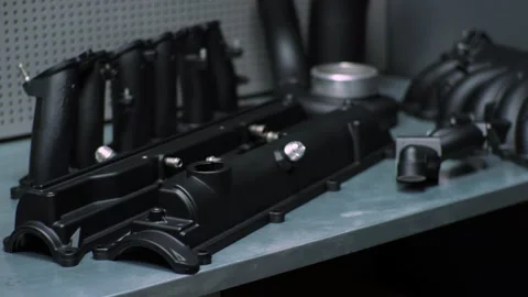 Parts from the 1JZ engine are on the table. New parts. Auto service. Stock Footage 157881465