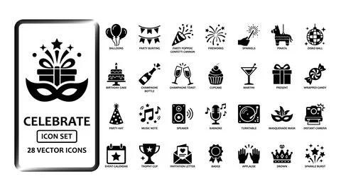 Party and Celebration solid icon set. Features symbols for Balloons, Birthd.. Stock Illustration