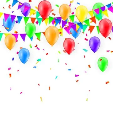 Party Background with balloons and Flags Vector, Colored confetti and festoon Stock Illustration