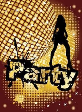 Party background with big disco ball and woman silhouette dancing, vector illust Stock Illustration