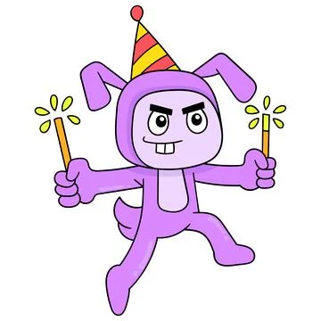 Party bunny holding fireworks welcoming new year, doodle icon image kawaii Stock Illustration