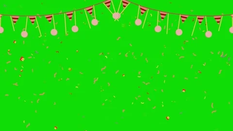 Party bunting flags and falling confetti on green screen background for video Video stock 345016170