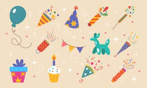 Party celebration. Festive cracker, balloon, decorative flags. Party popper.. Stock Illustration
