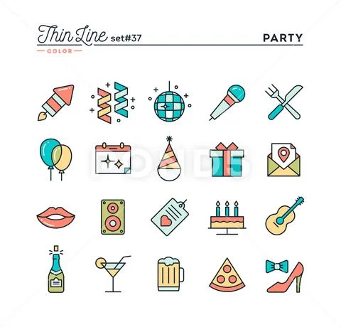 Party, celebration, fireworks, confetti and more, thin line color icons set Stock Illustration