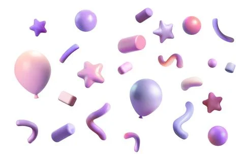Party clappers confetti 3d vector, shapes, balloon. Birthday or carnival fi.. Stock Illustration