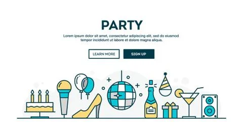 Party, colorful concept header, flat design thin line style Stock Illustration