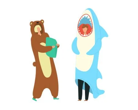Party costumes people dressed in onesies representing bear and shark characters Stock Illustration