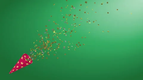 Party cracker exploding animation, flying confetti - Green background Stock Footage 137299096