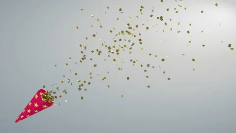 Party cracker exploding animation, flying confetti - Silver background Stock Footage 137299226