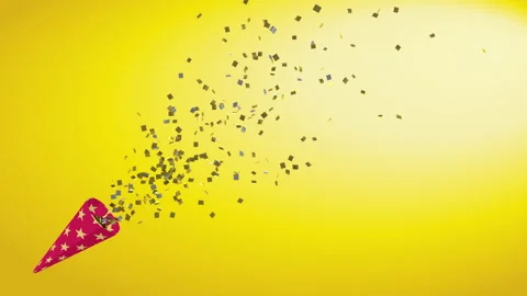 Party cracker exploding animation, flying confetti - Golden background Stock Footage 137305565