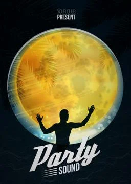 Party dance poster vector background template with moon and DJ silhouette Illustrazione stock
