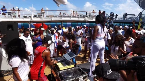 Party Dancing And Having Fun on the upper deck on a cruise ship Stock Footage 105167325