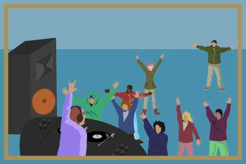 Party DJ with dancing crowd retro illustration イラスト素材
