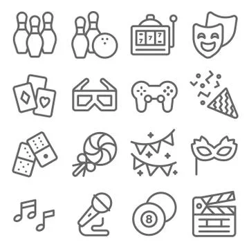 Party Entertainment Vector Icon Set. Confetti, Slot Machine, Bowling, Party Mask Stock Illustration
