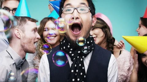 Party, friends and bubbles for comic por... | Stock Video | Pond5