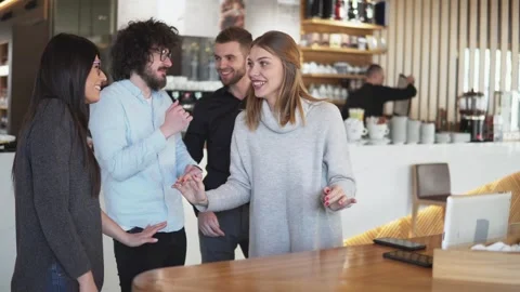 Party group of colleagues sharing emotions online dancing and laughing in a c Stock Footage 335602649