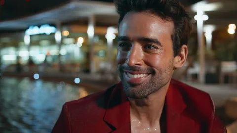 Party guy enjoy communication at night water pool club closeup. Macho talking Stock Footage 264523780