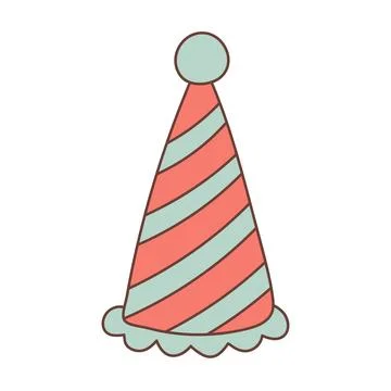 Party hat in doodle style. Conical birthday striped hat with bubo. Stock Illustration