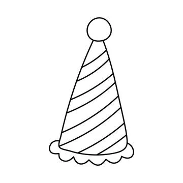 Party hat in doodle style. Conical birthday striped hat with bubo. Black an.. Stock Illustration