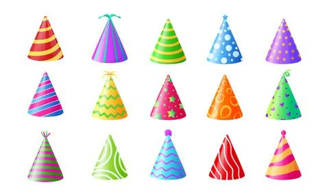 Party hats. Colorful birthday celebration colorful hat collection. Vector iso Stock Illustration