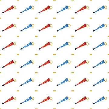 Party horn seamless pattern with red and blue noisemakers, gold confetti dashes Stock Illustration
