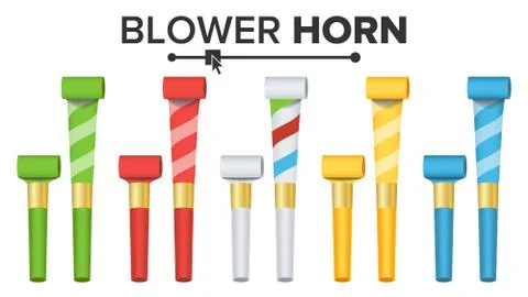 Party Horn Set Vector. Color Penny Whistle. Top View. Isolated On White Stock Illustration