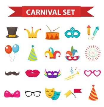 Party icons, design element, flat style. Carnival accessories, props, isola.. イラスト素材
