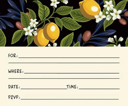 Party invitation with elements of lemon, leaves, flowers and olive branches Stock Illustration