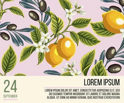 Party invitation with elements of lemon, leaves, flowers and olive branches Stock Illustration