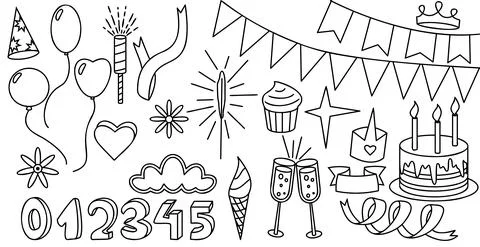 Party items set isolated vector illustration. Gift, balloons, sweet cupcakes Stock-Illustration