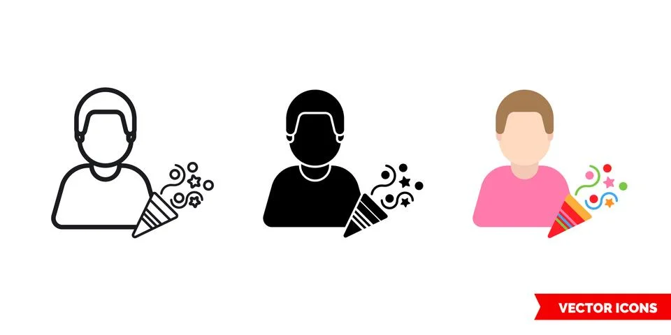 Party maker icon of 3 types color, black and white, outline. Isolated vector  Illustrazione stock