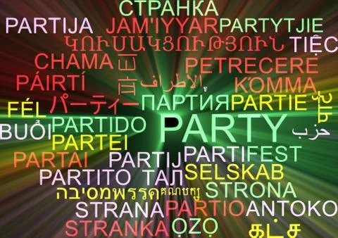 Party multilanguage wordcloud background concept glowing Stock Illustration