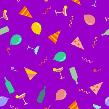 Party pattern. Celebratory cap and Party horn. balloon and bottle of alcohol. Stock Illustration