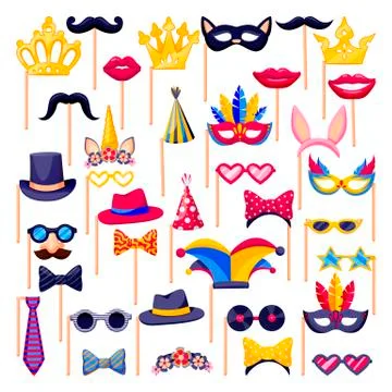 Party photo booth set. Vector flat cartoon icons. Collection of costumes, bir Stock Illustration