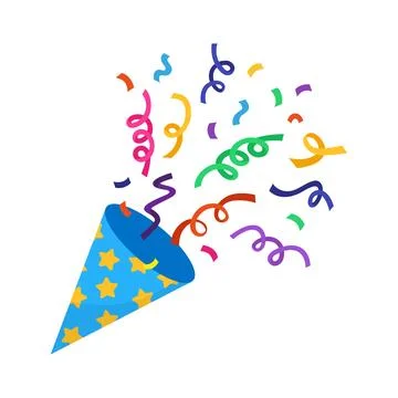 Party popper explosion. Festive hat with colorful confetti, birthday celebrating Stock Illustration