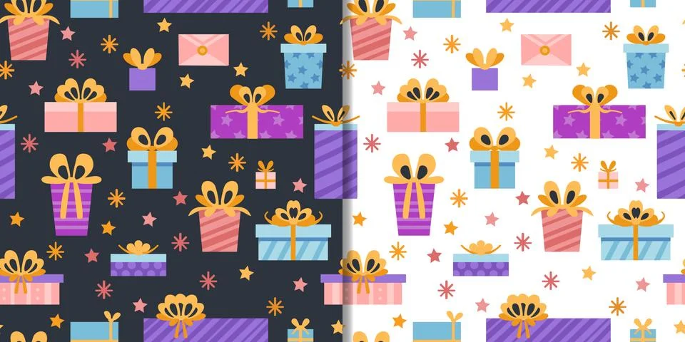 Party presents set with seamless pattern and cute gift boxes elements Stock Illustration