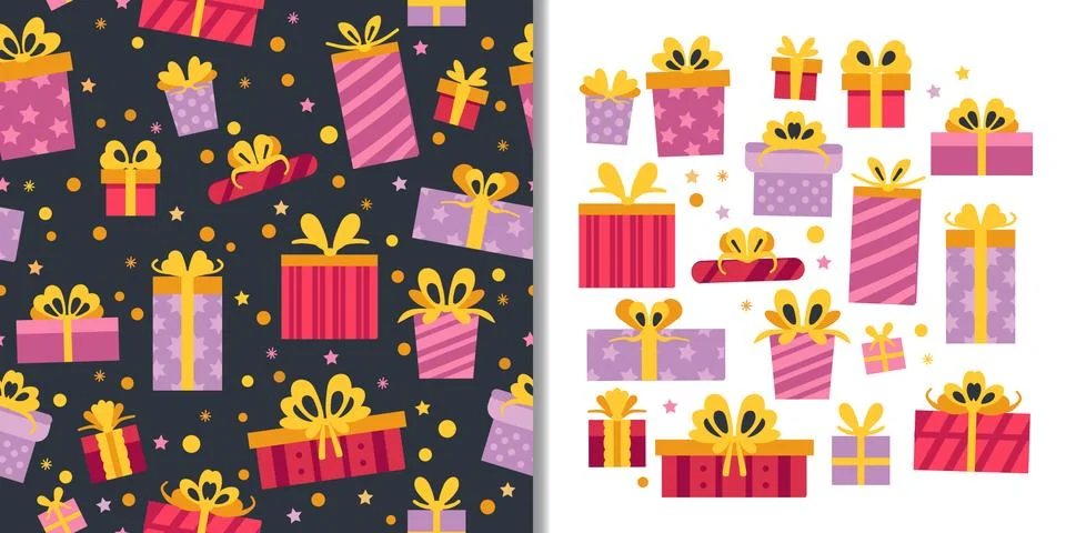 Party presents set with seamless pattern and cute gift boxes elements Stock Illustration