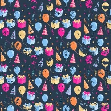 Party seamless pattern with ballons,gift box,hat Stock Illustration