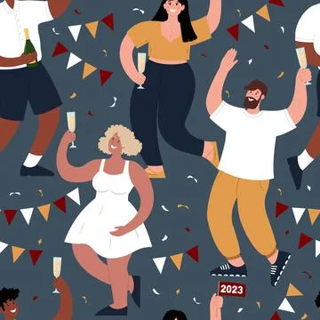 Party seamless pattern. Diverse people have fun, dance, and drink champagne.  Stock Illustration