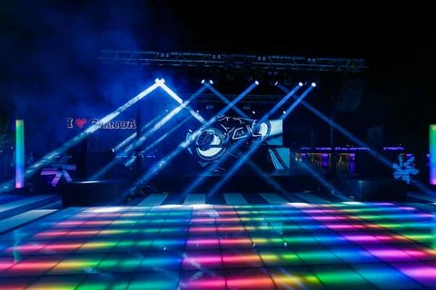 Party setup with led lighted dance platform Stock Photos