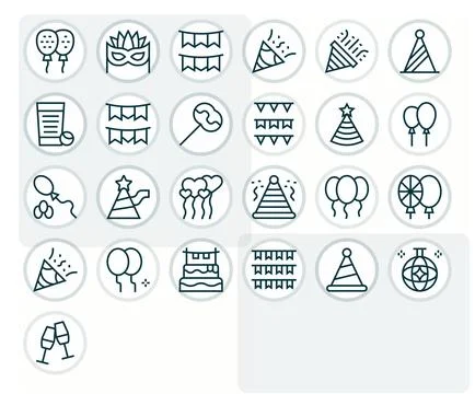 Party Supplies Complete Vector Package with 25 High Resolution Regular Line.. Stock Illustration
