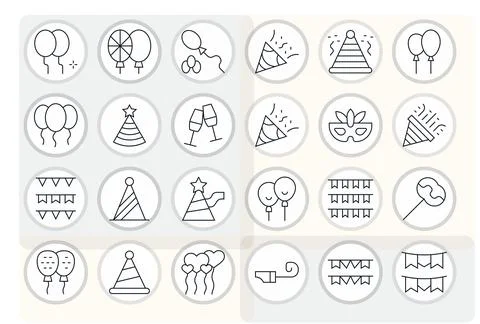 Party Supplies Modern Vector Collection with 24 Thin Line 256x256 Grid Fitt.. Stock Illustration