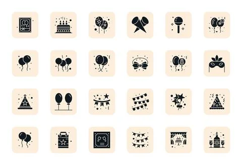 Party Supplies Vector Graphics Pack including 24 Filled 64x64 Grid Fitted Ico Stock Illustration