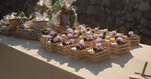 Party table with drinks and sweets . Wedding decor Stock Footage 118084335