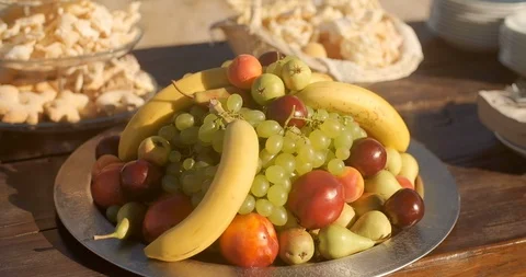 Party table with drinks and sweets . Wedding decor at an exit ceremony Stock Footage 118086650