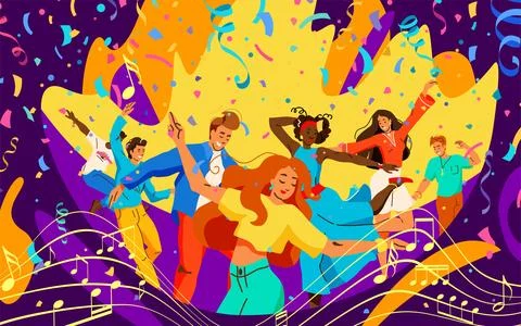 Party vector background. Young men and women dancing, they are happy at the Illustrazione stock
