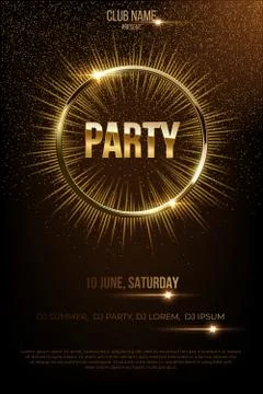 Party vector poster template with shining golden rays and glitter on dark Stock Illustration