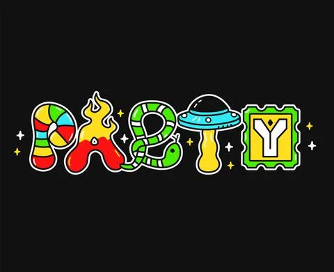 Party word,trippy psychedelic style letters.Vector hand drawn doodle cartoon Stock Illustration