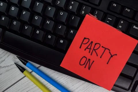 Party ON write on sticky notes isolated on Wooden Table. Stock Photos